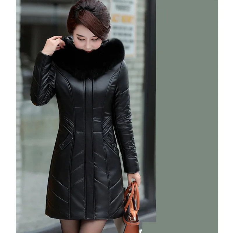 black UHYTGF/L-7XL, модные зимние кожаные куртки с меховым воротником и капюшоном, Женская роскошная кожаная куртка, хлопковое тонкое теплое Женское пальто 126 - Цвет: black