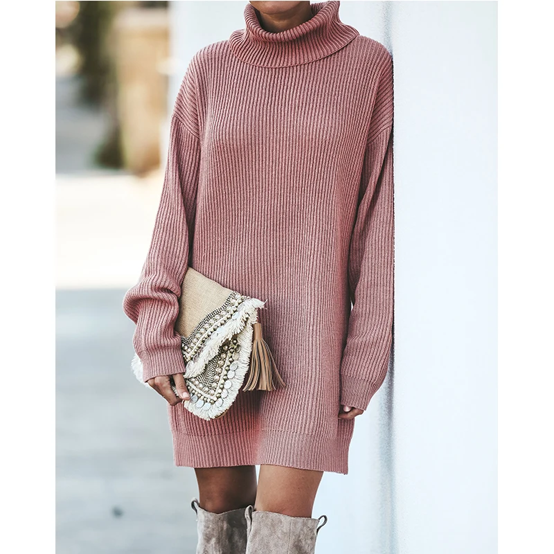 Autumn Winter Office Long Turtleneck Pulover Pink Knitted Warm Sweater Dress Women Korean Streetwear Sleeve Ribbed | Женская одежда