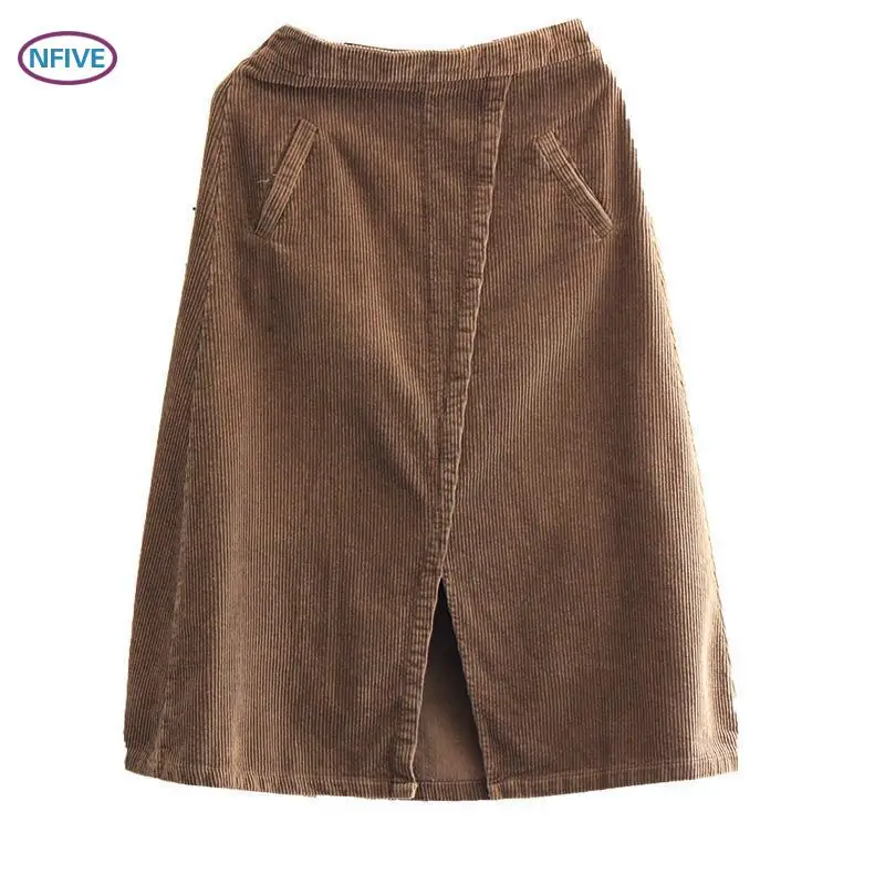 Женская Вельветовая юбка NFIVE Однотонная средней длины с высокой талией и