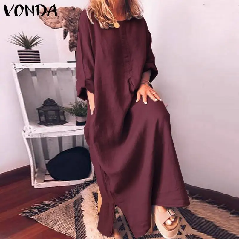 Богемное зеленое платье VONDA летние модные макси длинные платья размера плюс с разрезом подола сплошной цвет пляжный сарафан Femme Vestidos