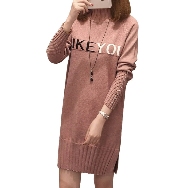 Женское трикотажное платье-свитер с длинным рукавом и высоким воротником |