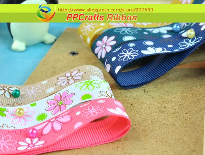 

PPCrafts New Arrival 1inch 25mm Pretty Big Flowers printing grosgrain ribbon 100yds/roll for Hair bows Making