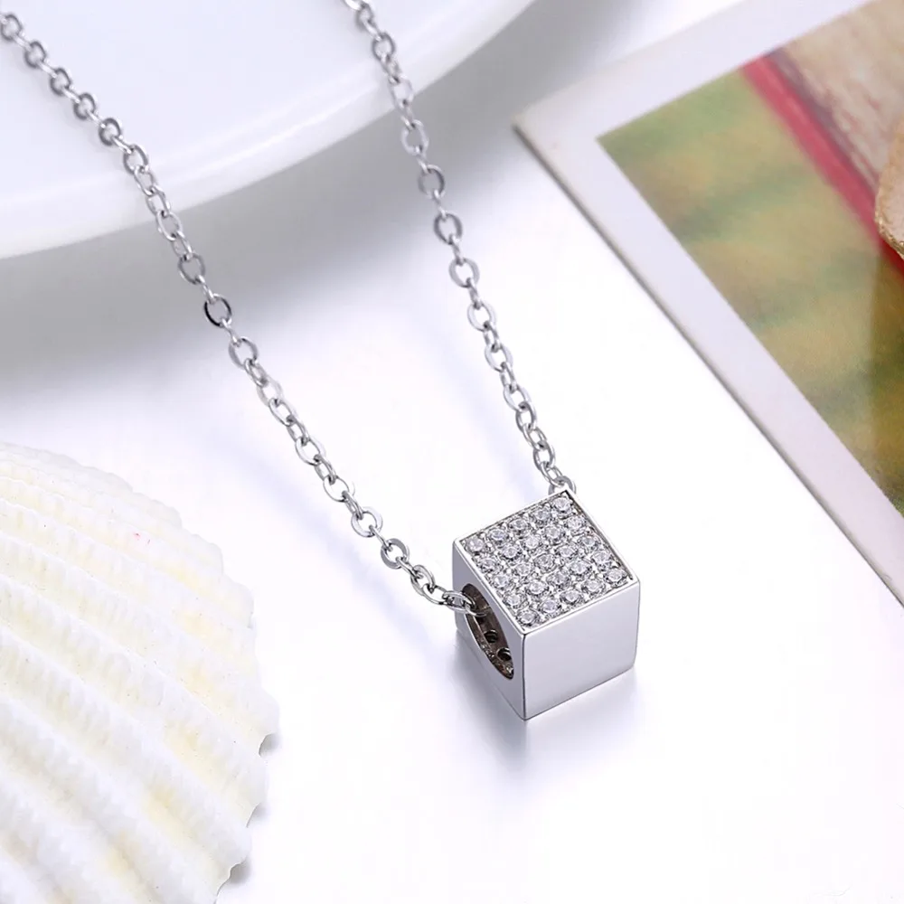 Exquisite Silver Cubic Zircon Cube Pendant Necklace Women 925 Sterling Rhinestone Square Drop for Lady Love Gift |