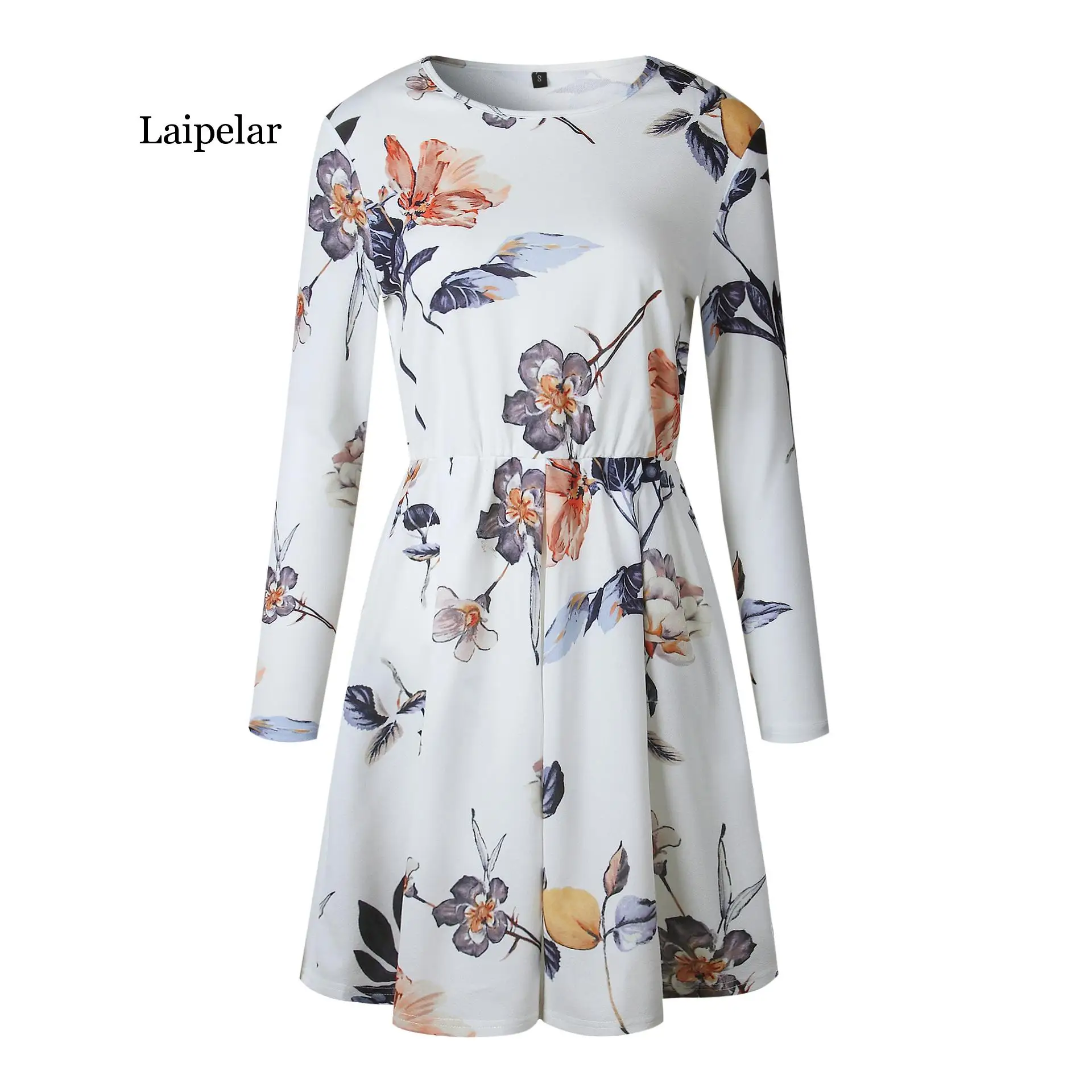 

Laipelar 2019 Spring Summer Dress Women Casual O Neck Elastic Waist Slim Flower Printed Dress Beoho Beach Fashion Chiffon Dresse