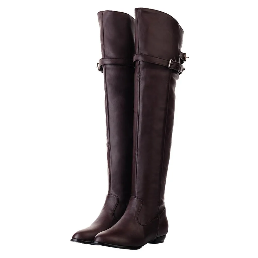 Winter Women's Boots Over The Knee Long Boots Solid Leather Knight Boots Round Toe Belt Buckle Flat Ladies High Boots