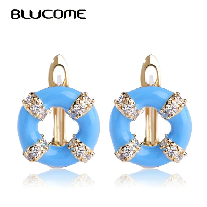 Женские серьги-пусеты Blucome круглые маленькие медные с синей эмалью для свадебной