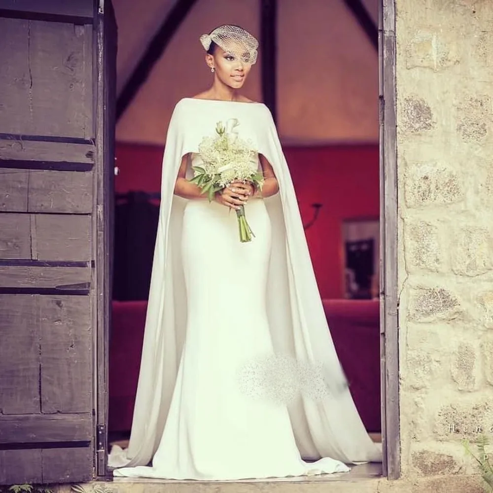 

Elegant Long Cape Mermaid Wedding Dress Boat Neck Satin Plus Size Bridal Gowns African Arabic Sweep Train vestido de noiva