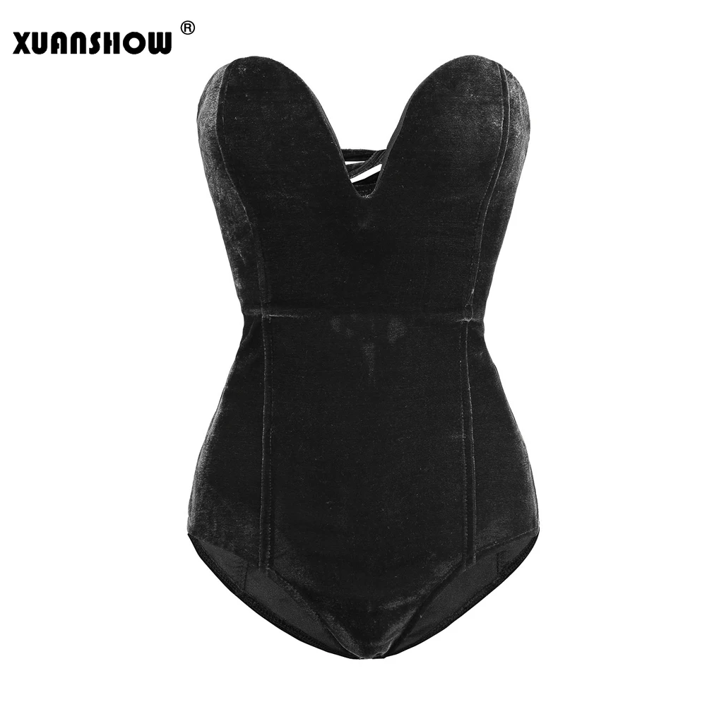 Black XUANSHOW, сексуальный милый бюстье, боди, Одноцветный, с открытой спиной, на шнуровке, вельветовый комбинезон,, летний, обтягивающий, элегантный, женский боди - Цвет: Black