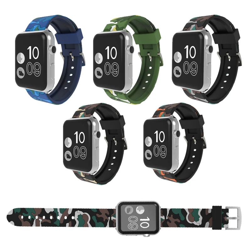 Uebn камуфляж силиконовой лентой для Apple Watch 42mm 38 мм Сменные Браслет ремешок Series 1/2/ 3