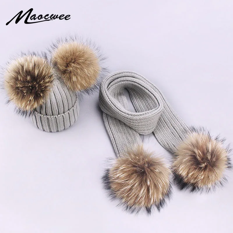 

Children Pompon Beanie Hat Scarf Set Autumn Winter Outdoor Knitted Cotton Warm Real Raccoon Fur Pom-pom Caps Scarf 2 Piece Suit