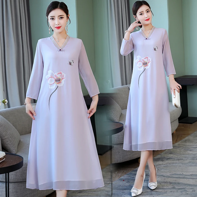 2019 Women Printed Chiffon Summer Fashion Dress Fit and Flare Elegant Natural Factors V-Neck Three Quarter Sleeve Female Dresses | Женская