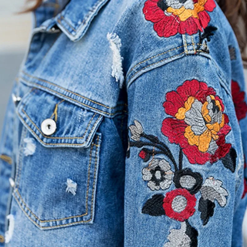 PLAMTEE Emroidery короткие джинсовые женские куртки цветочный с длинным рукавом джинсы