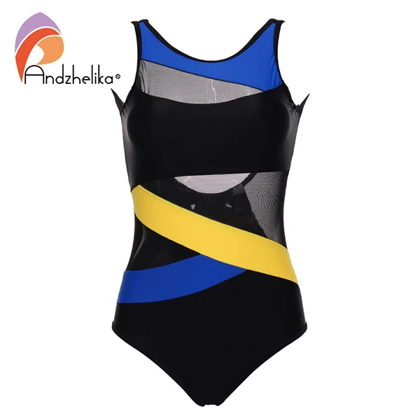 Yellow blue-2 Andzhelika, сексуальный сдельный купальник, черная сетка, пэчворк, купальник, боди, летний, пляжный, открытая спина, купальник, монокини, AK7168 - Цвет: Yellow blue-2