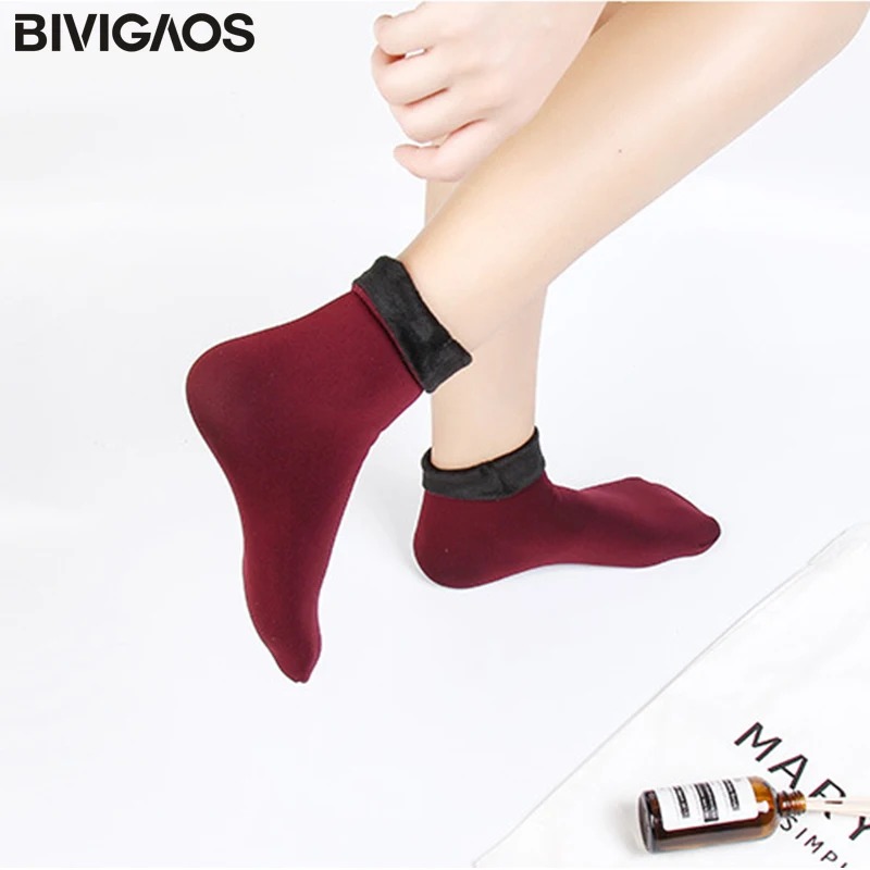 Bivigaos Теплые зимние носки Chinlon бархатные утолщенные зимние Носки для девочек анти-пиллинг твердых Цвет носки-тапочки для Для мужчин Для женщин носки до лодыжки - Цвет: Red