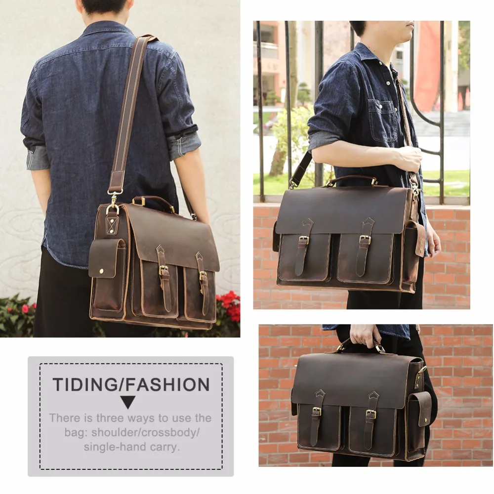TIDING Mens Genuine Briefcases For 17&quot Laptop Bag Vintage Style Cross Body Shoulder Messenger Crazy horse Leather New 1406 | Багаж и