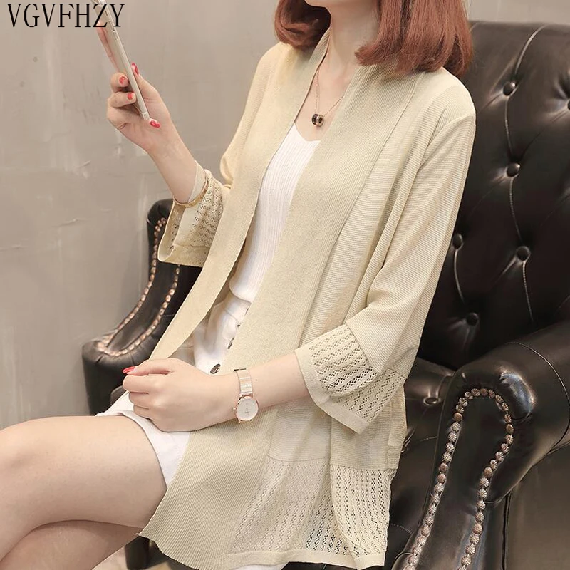 Весна Длинный Стиль шаль тонкий кардиган свитер 2018 бежевый ледяной шелк ткань