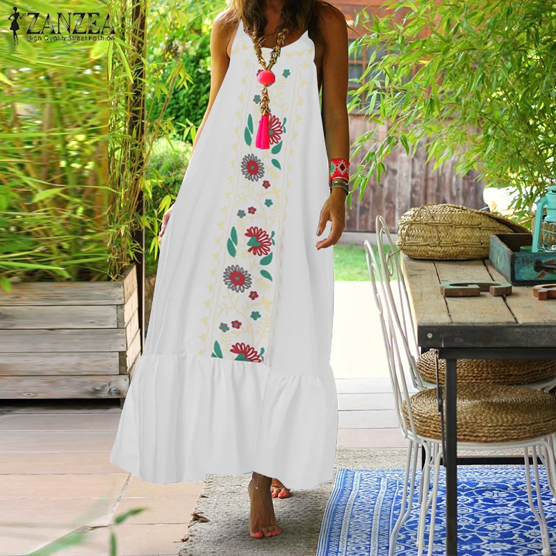 Женское летнее платье без рукавов ZANZEA Пляжное длинное с рюшами для вечеринки