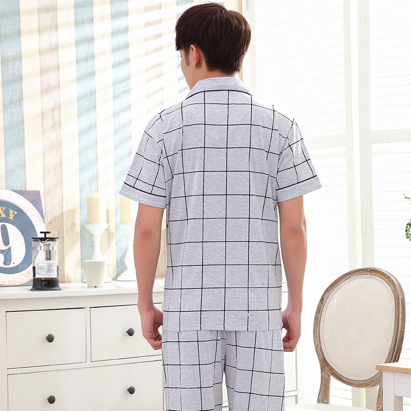 

New Summer Pyjamas Men 100%Cotton Stripes Pajama Set Short Tops+Long Pants Men Sleepwear Turn-down Collar Plus Size Mens Pajamas