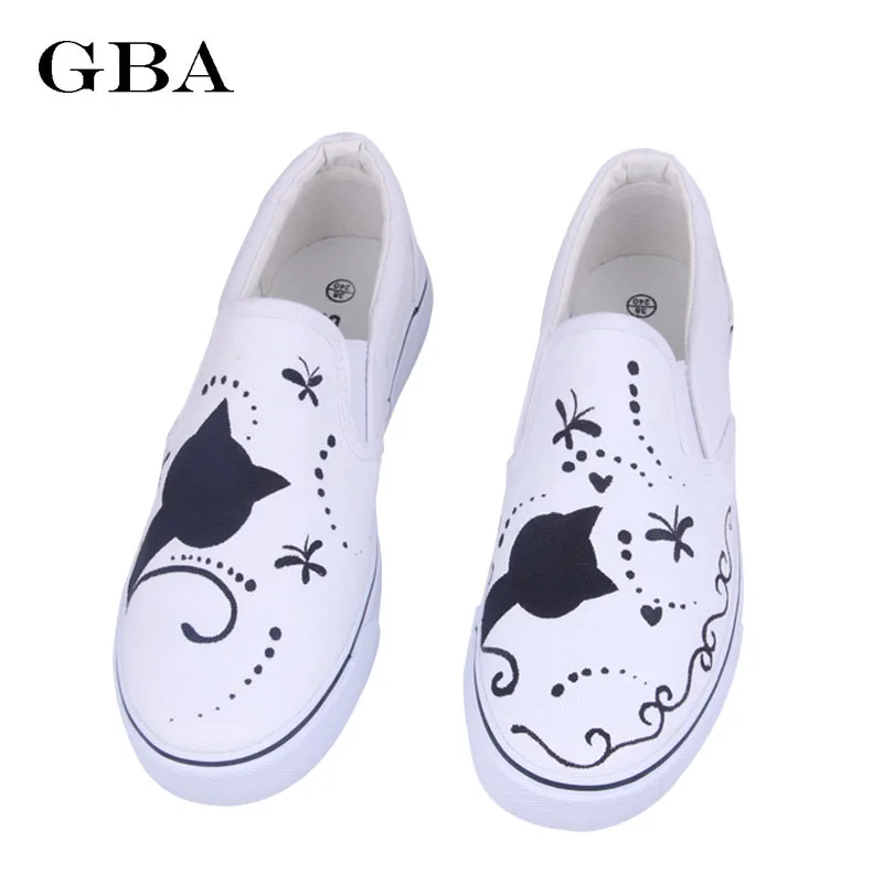 Удобная женская обувь сезон осень парусиновая с ручной росписью черного кота