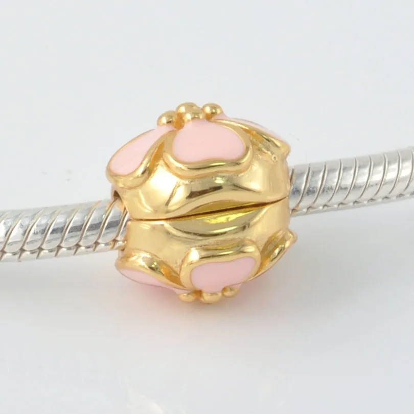 925 Sterling Silver Gold Plated Pink Cherry Blossom Clip Charm Beads Fits Original European Bracelets DIY Jewelry For Women | Украшения и