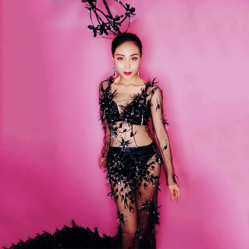 Черное Сетчатое платье с кристаллами и перьями женское вечернее роскошное для