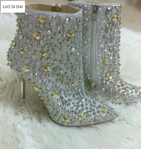 Женские ботильоны 2019 серебристые полуботинки с острым носком мотоциклетные