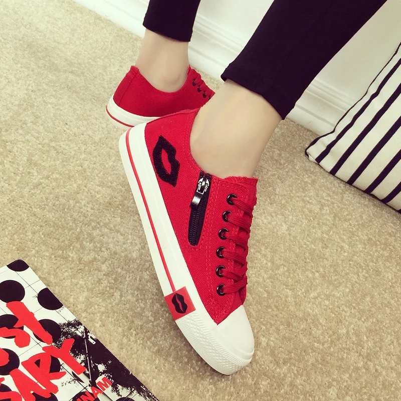 Tfsland Women Red Lips Zipper Canvas Shoes Female Lace Running Student Flat Soft Walking Sneakers Zapatillas Hombre | Спорт и