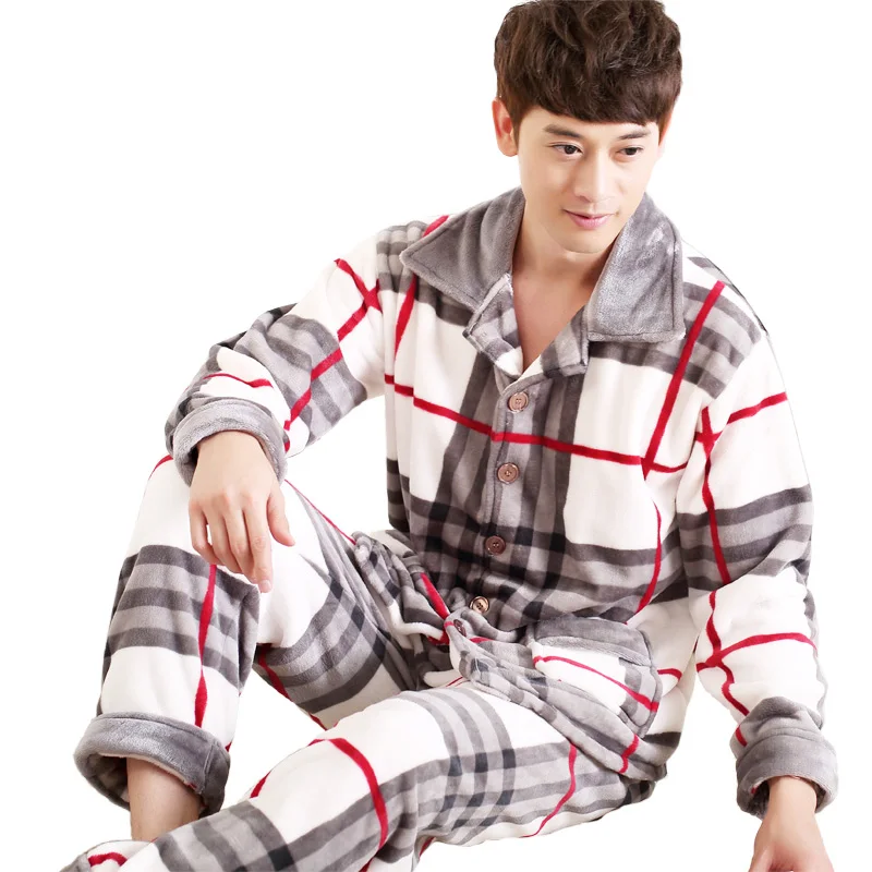 SusanDick 2017 Autumn &amp Winter Thick Flannel Pajamas Mens Coral Cashmere Cardigan Pants Suit Sleepwear Casual Man Home Clothes | Мужская