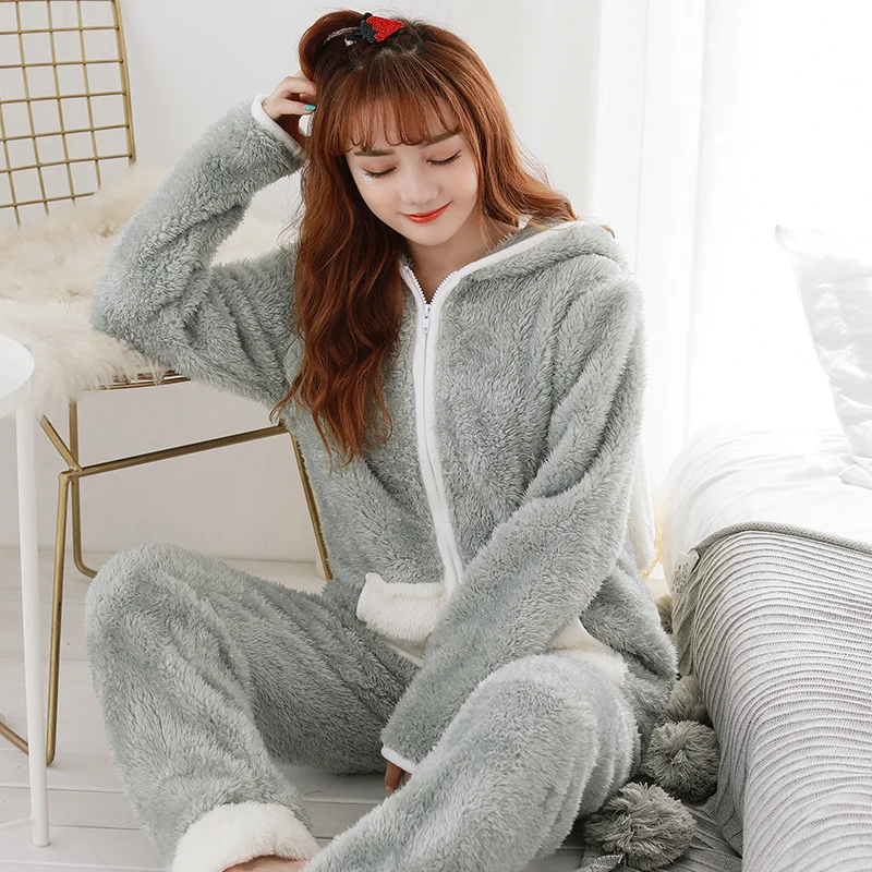Зимние теплые комплекты kawaii серых пижам с кроликом, Женские Фланелевые пижамы с капюшоном на молнии из кораллового флиса для женщин