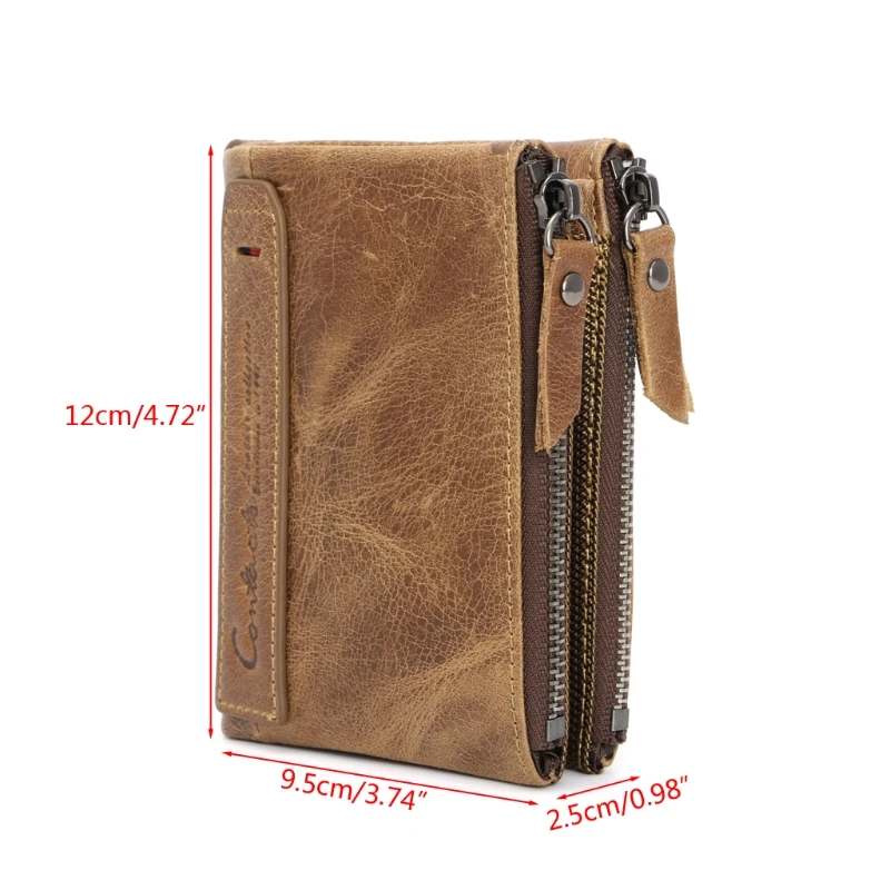 

Men Genuine Leather Double Zipper Wallet Cowhide Bifold Coin Purse Card Holder