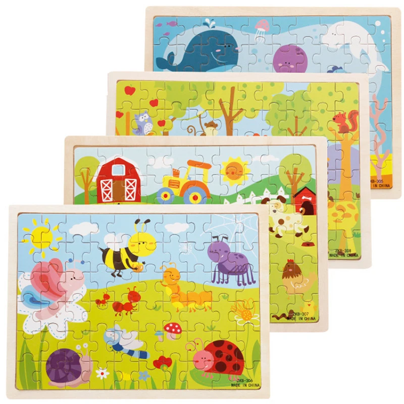 

60 Pieces Cartoon Wooden Jigsaw Puzzle Animals Farm Marine Ocean Fish Pattern Puzzle Kindergarten Parent-child Toys Baby Gifts