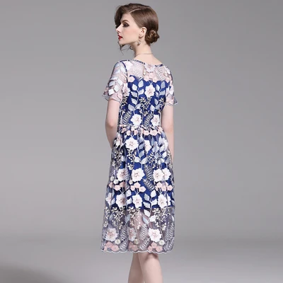 Vintage Summer Embroidery Dress Women Runway Vestidos Short Sleeve Big Size A-Line Mesh Holiday Party | Женская одежда
