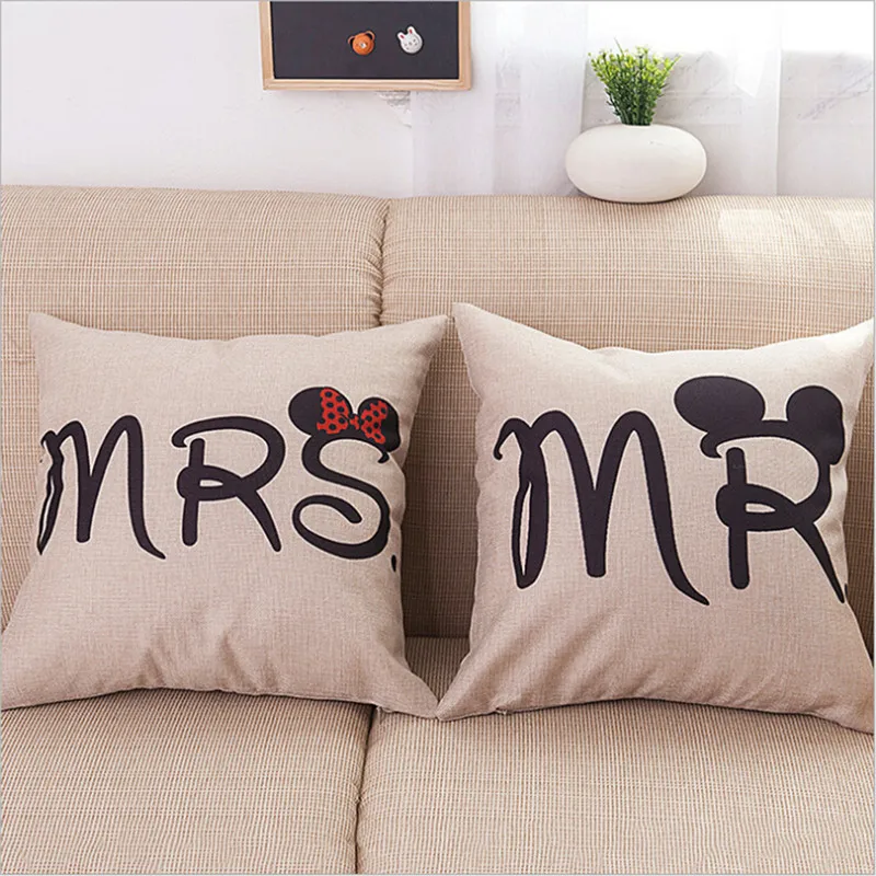 Mr &amp Mrs мышь подушка с надписью чехол хлопок лен декоративный пара влюбленных