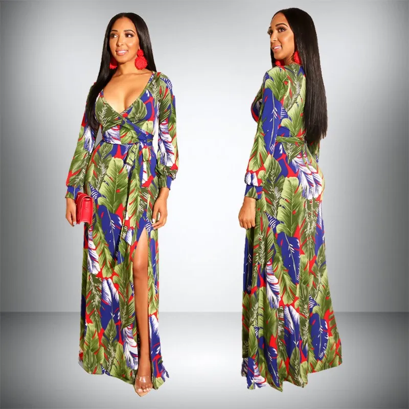Boho V Neck Floral Printed Beach Long Dress Women Sexy Travel Split Party Bohemian Sleeve Empire Dresses | Женская одежда