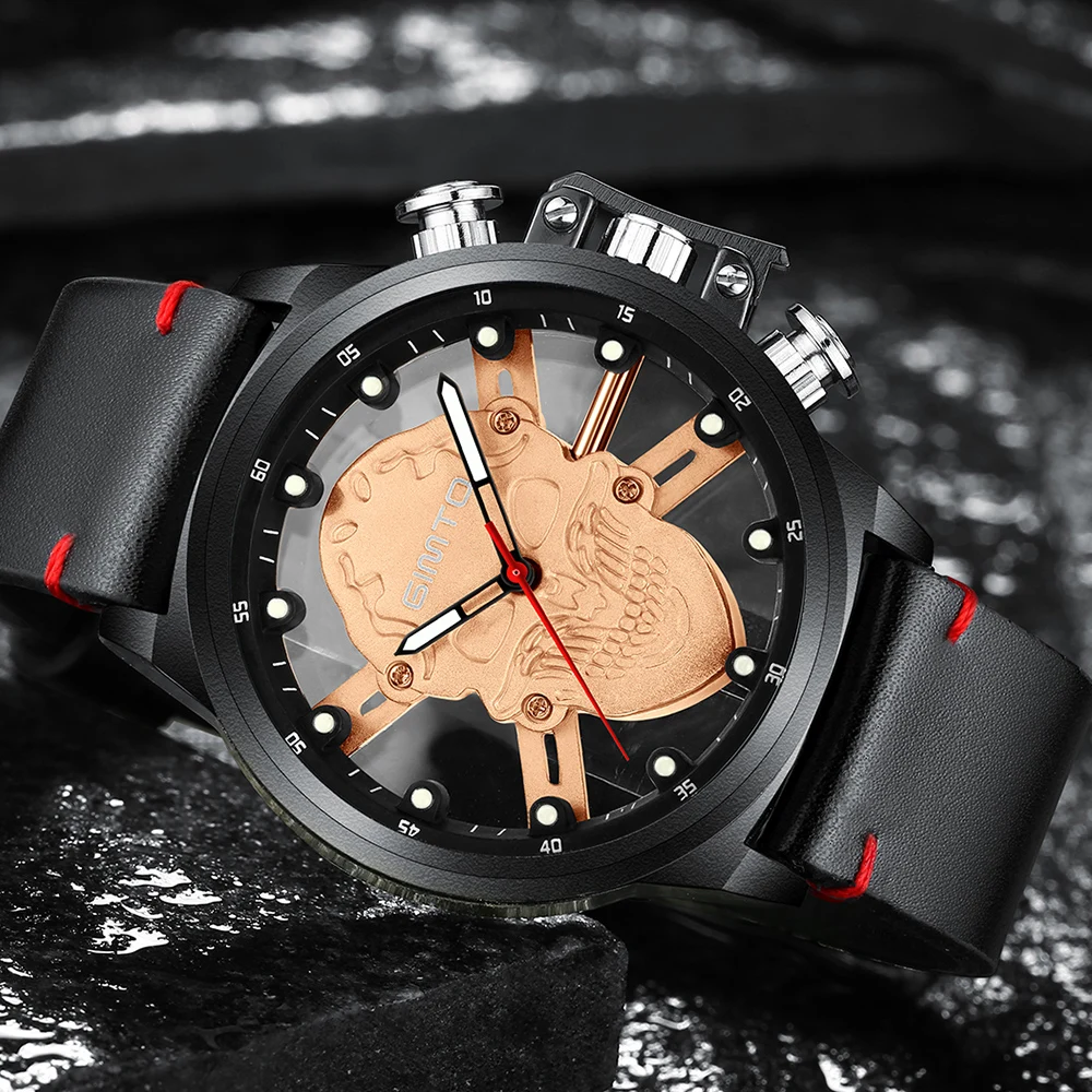 Мужские наручные часы GIMTO Роскошные Кварцевые в стиле панк с черепом кожаным