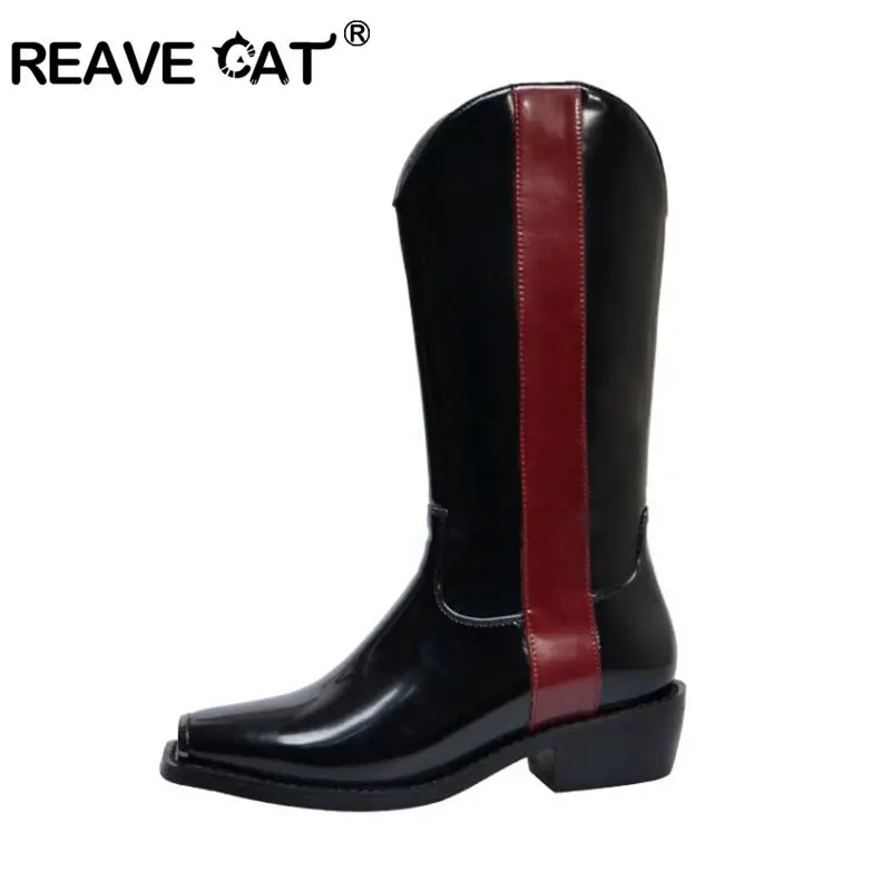 

REAVE CAT brand Woman Fashion mid-calf boots Genuine cow leather low heel Slip on boots metal square toe runway shoes lady shoes