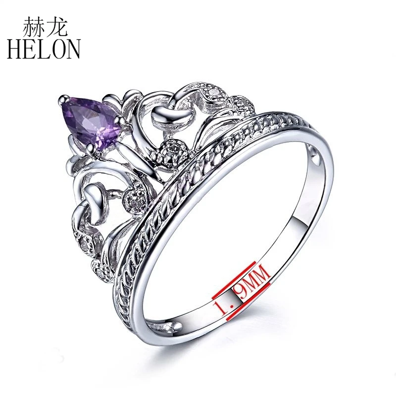 

HELON Solid 10k White Gold Crown Shape Pear 3x4mm Natural Amethyst Diamond Wedding Ring Women Engagement Gemstone Jewelry Ring