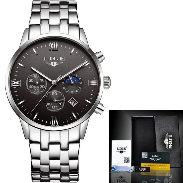 silver black Мужские часы Топ бренд класса люкс LIGE Moon Phase полностью стальные часы мужские бизнес модные кварцевые часы мужские спортивные часы для улицы - Цвет: silver black