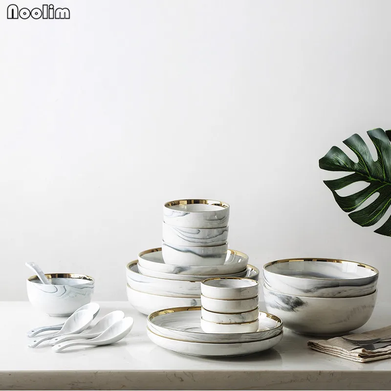 Керамическая миска NOOLIM набор для ужина рисовой лапши с мраморным узором из