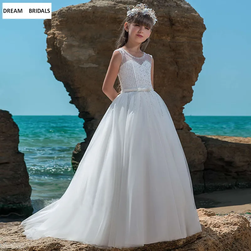 

2019 New A-Line Flower Girl Dresses Beading Sequined Pearls Pageant Dresses For Girls Cap Sleeve Vestido Daminha