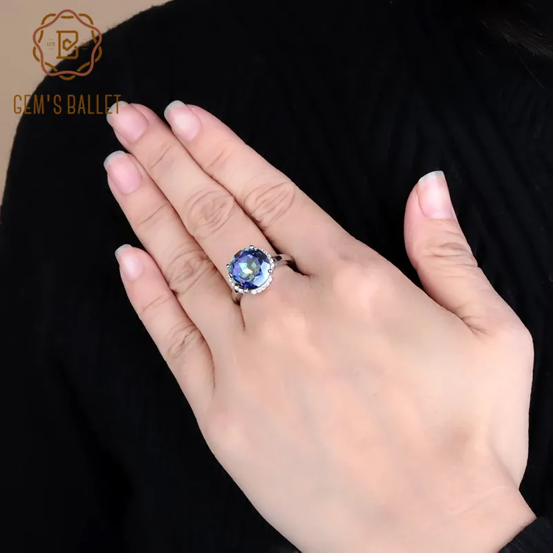 Gem's Ballet 6.57Ct натуральный Blueish мистический кварцевый камень кольцо для женщин Halo коктейльное кольцо 925 пробы серебро хорошее ювелирное изделие