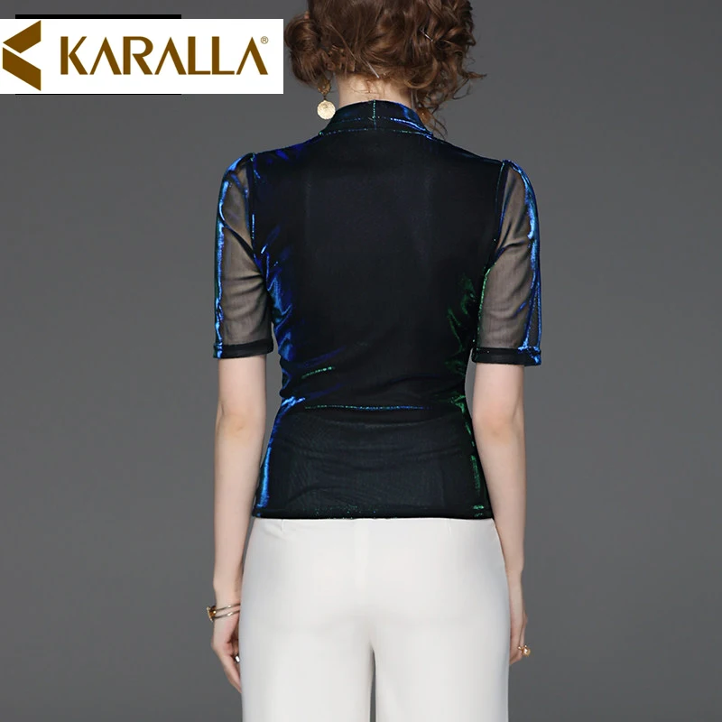 Женская блузка с v-образным вырезом яркая шелковая короткими рукавами