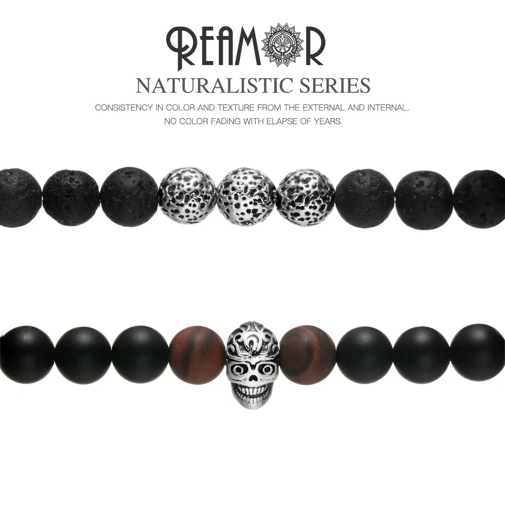 REAMOR, натуральный камень, лава, растягивающиеся браслеты, 316l, нержавеющая сталь, Череп, черный оникс, бисер, мужской браслет, Панк ювелирные изделия