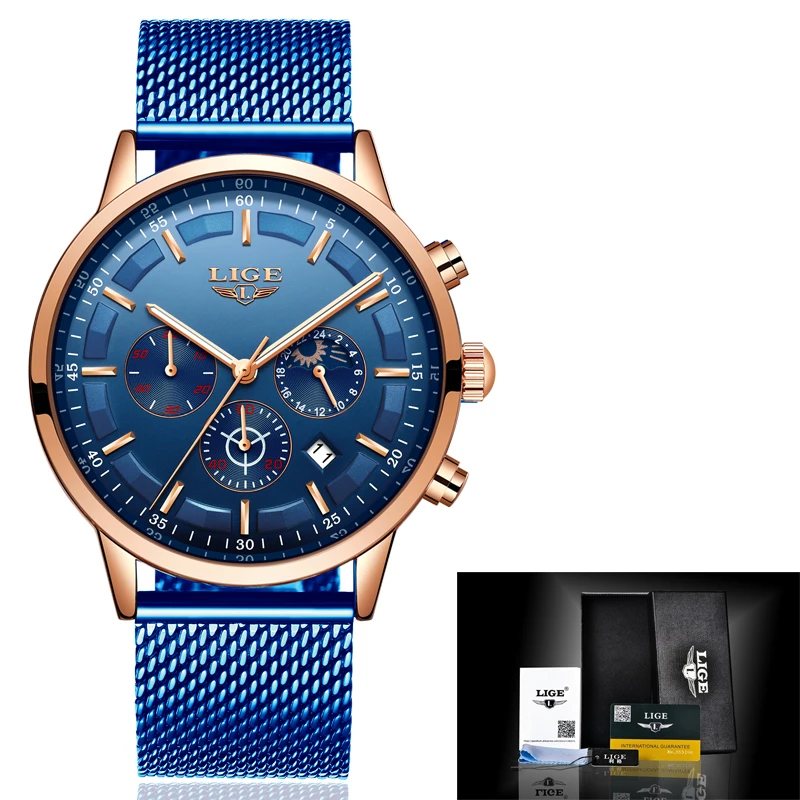 Часы наручные LIGE Мужские кварцевые модные брендовые водонепроницаемые с синим
