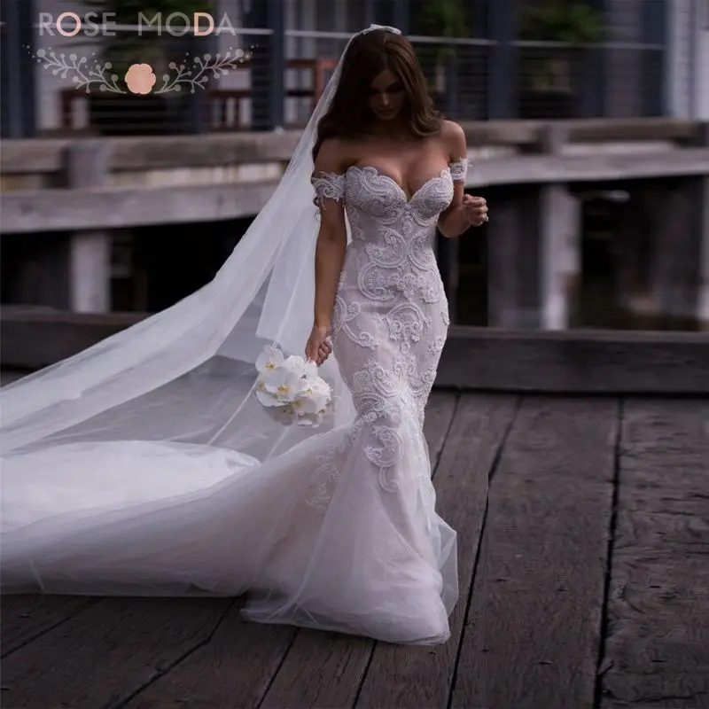 

Rose Moda Luxury Lace Mermaid Wedding Dress 2019 Pearl Beaded Chantilly Lace Bridal Dresses with Long Train