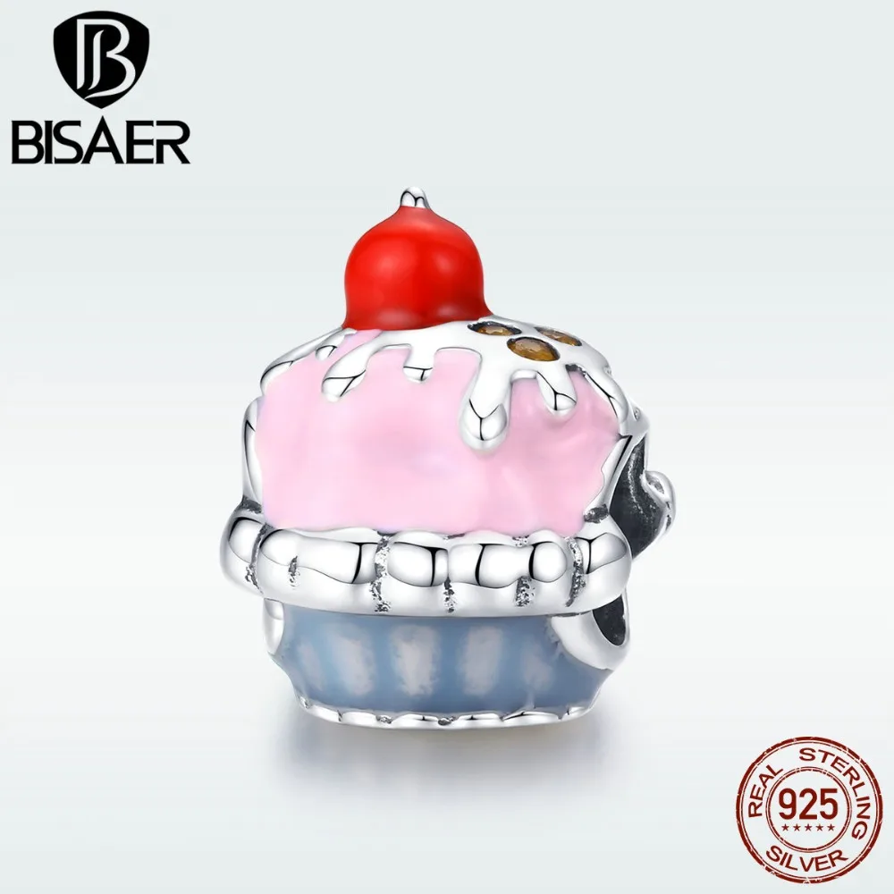 BISAER, 925 пробы, серебряная чашка, торт, эмаль, на день рождения, бисер торт, подходят для женщин, амулеты, браслеты, 925 серебряные ювелирные изделия ECC1084