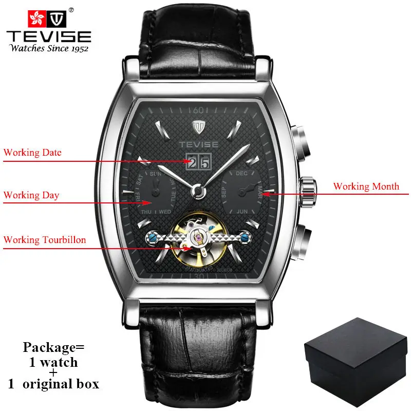 black silver TEVISE, высокое качество, турбийон, автоматические механические часы для мужчин, самовзводные, бизнес, натуральная кожа, календарь, наручные часы, 8383B - Цвет: black silver