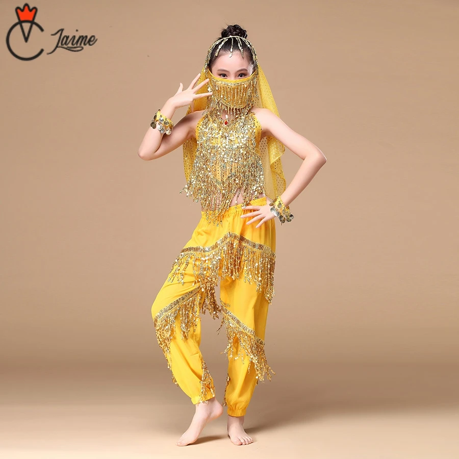 

Индийские танцы для детей, комплект из 5 предметов (Топ, пояс, брюки, вуаль для лица и головные уборы), танцевальные костюмы для девочек в Стил...