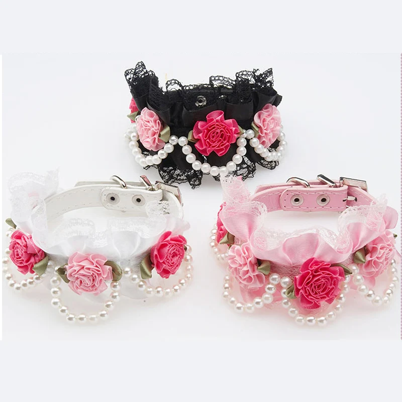 Бесплатная доставка Модные Цветок Жемчужное Кружево ошейники для Товары собак