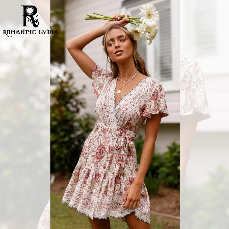 Boho Винтаж Цветочный принт мини-платье Для женщин 2019 Новая мода V шеи платья с
